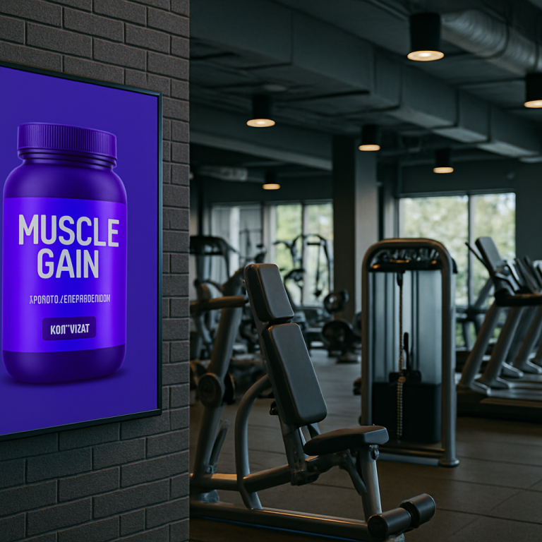 Gym interior featuring a promotional poster for muscle gain supplements.